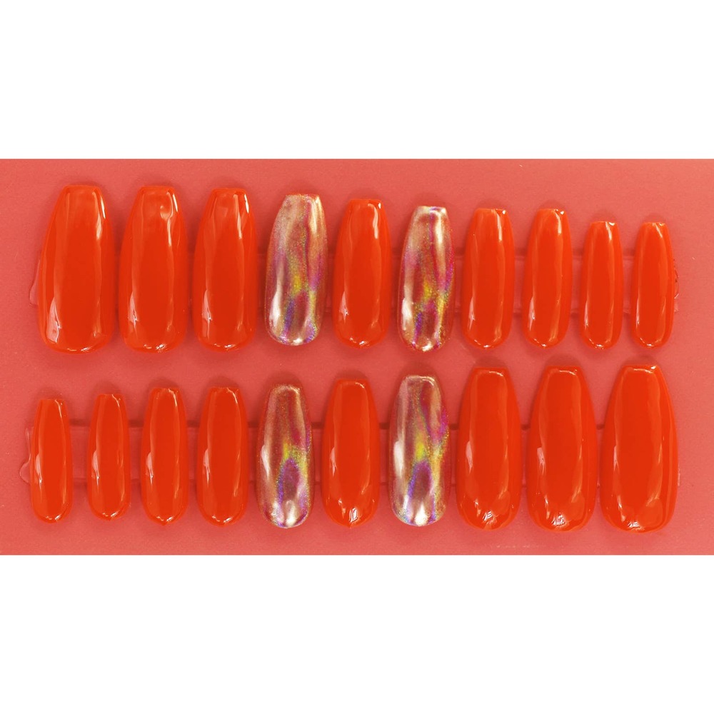 70's Orange Holographic Medium Round Coffin Gloss Orange Press On Nails Long